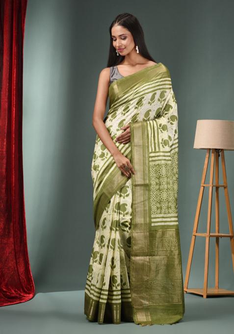 Mint Green Zari Woven Silk Blend Saree Set