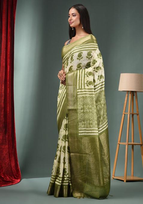 Mint Green Zari Woven Silk Blend Saree Set