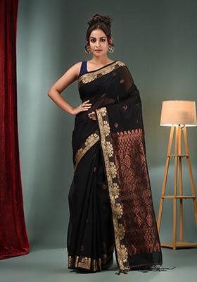 Black Zari Woven Cotton Blend Saree Set
