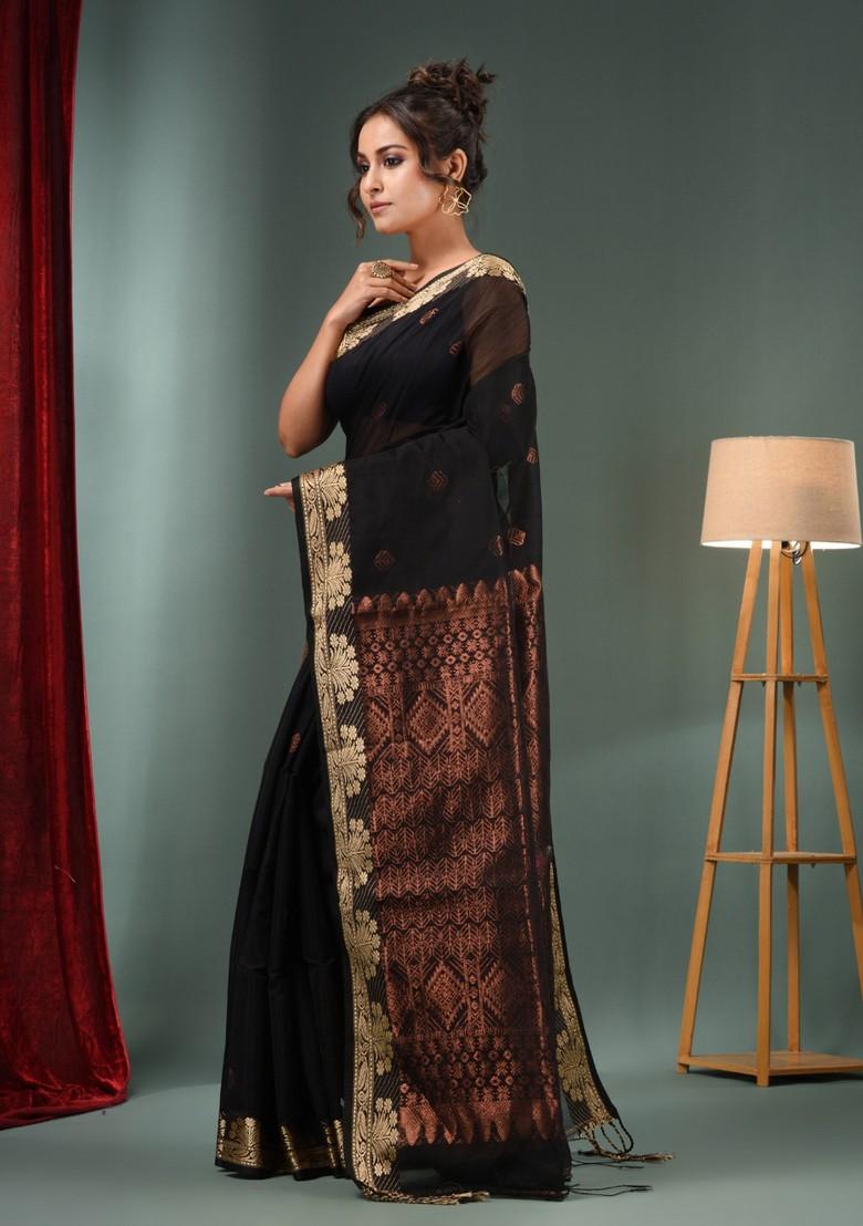 Black Zari Woven Cotton Blend Saree Set - Indya
