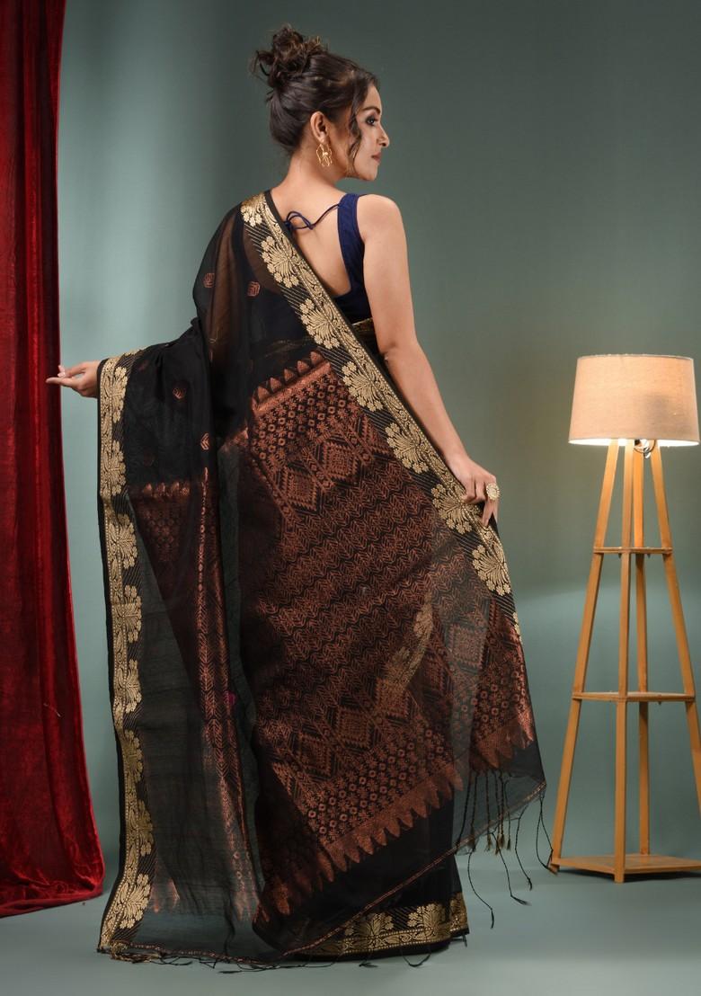 Black Zari Woven Cotton Blend Saree Set - Indya
