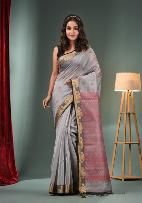 Light Grey Zari Woven Cotton Blend Saree Set