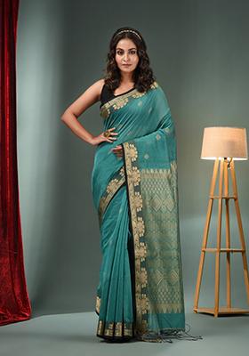 Teal Zari Woven Cotton Blend Saree Set