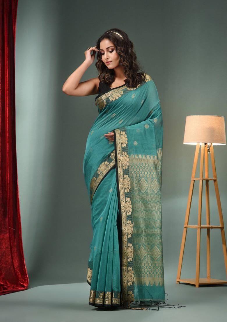 Teal Zari Woven Cotton Blend Saree Set