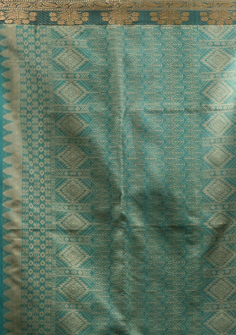 Teal Zari Woven Cotton Blend Saree Set