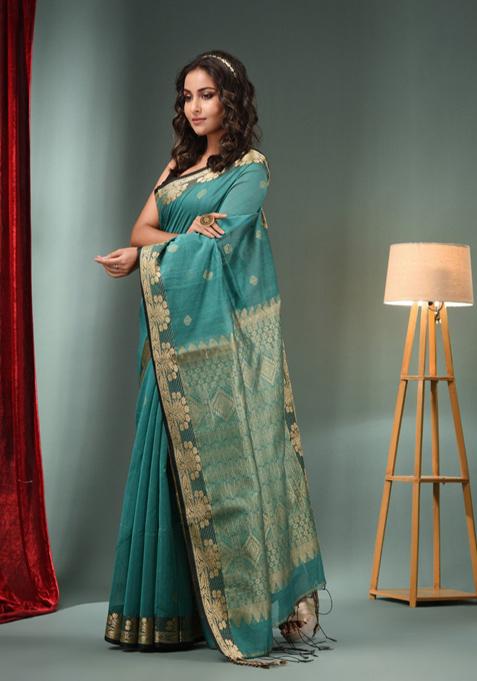 Teal Zari Woven Cotton Blend Saree Set