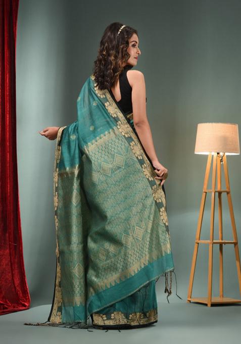 Teal Zari Woven Cotton Blend Saree Set