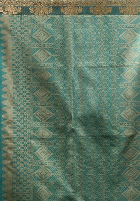 Teal Zari Woven Cotton Blend Saree Set