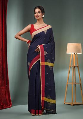 Navy Blue Zari Woven Cotton Blend Saree Set