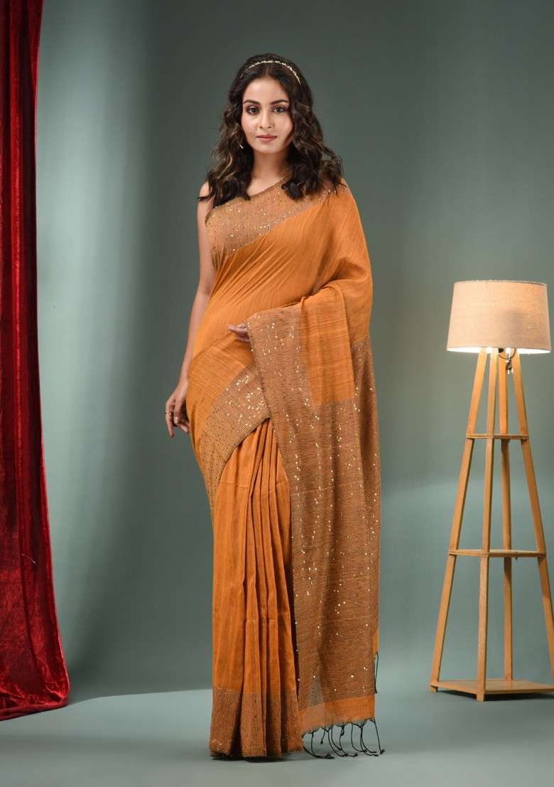 Ochre Yellow Work Pure Cotton Saree Set with Sequin for Diwali | Wedding & Festive Wear - Indya