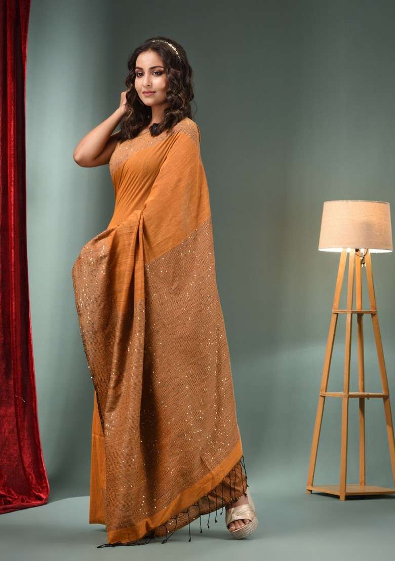 Ochre Yellow Work Pure Cotton Saree Set with Sequin for Diwali | Wedding & Festive Wear - Indya