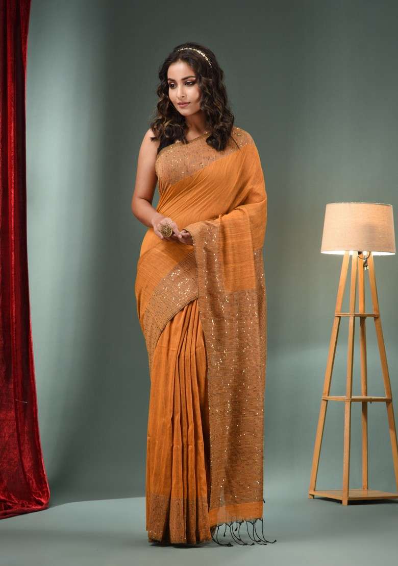 Ochre Yellow Work Pure Cotton Saree Set with Sequin for Diwali | Wedding & Festive Wear - Indya