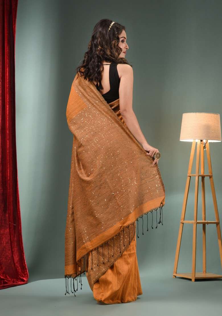 Ochre Yellow Work Pure Cotton Saree Set with Sequin for Diwali | Wedding & Festive Wear - Indya