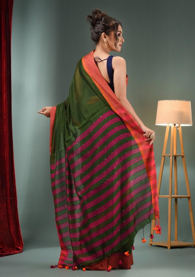 Green Woven Cotton Blend Saree Set - Indya
