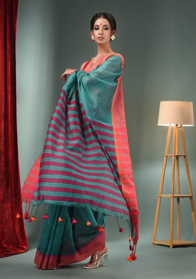 Teal Woven Cotton Blend Saree Set