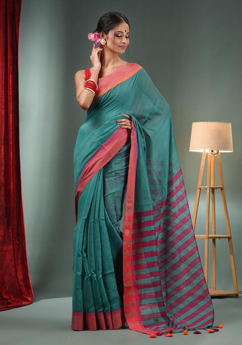 Teal Woven Cotton Blend Saree Set