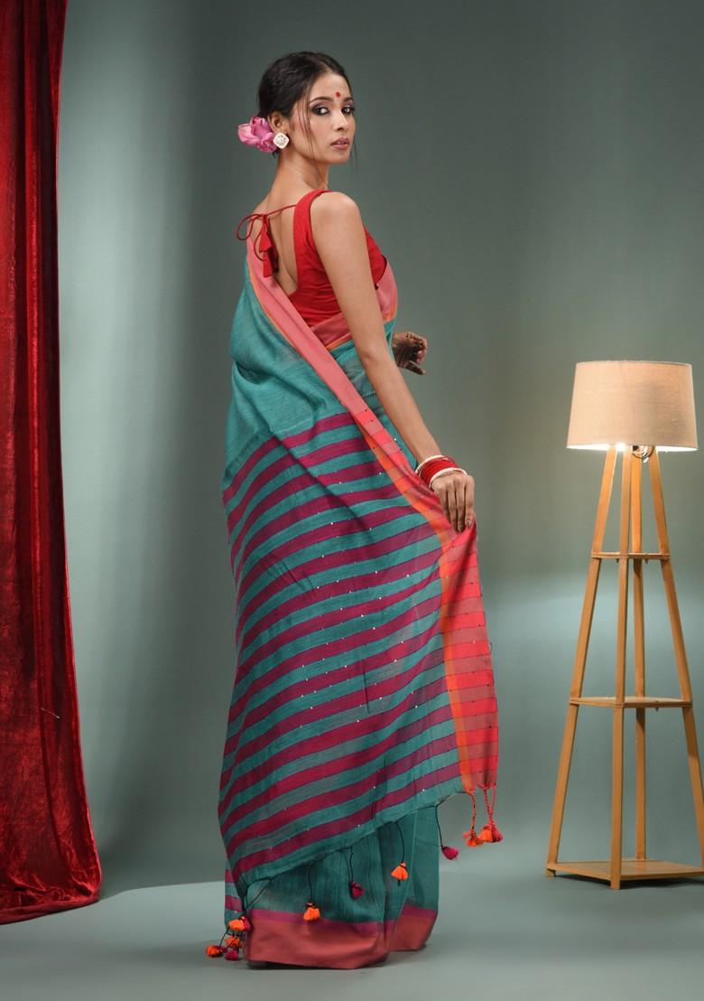 Teal Woven Cotton Blend Saree Set