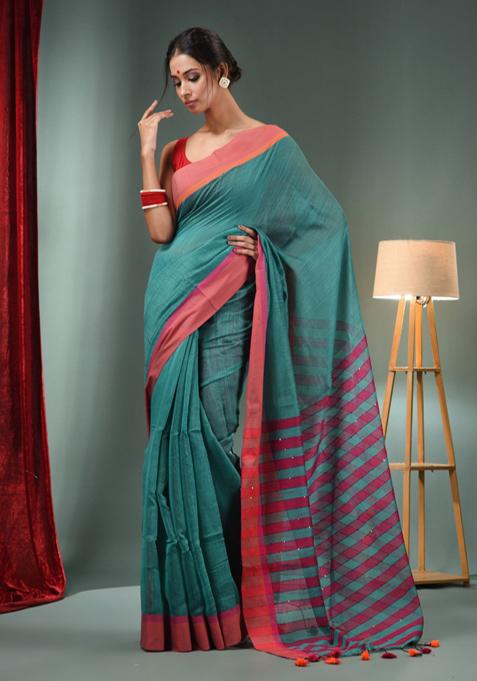 Teal Woven Cotton Blend Saree Set