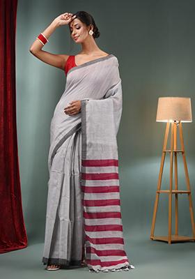 Grey Woven Cotton Blend Saree Set