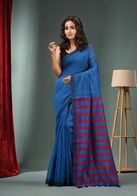 Sapphire Blue Woven Cotton Blend Saree Set