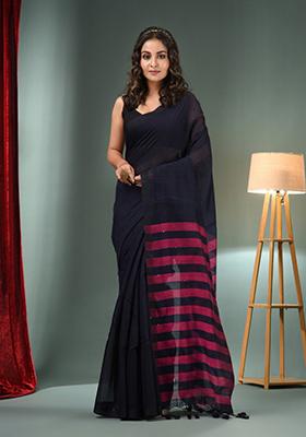Black Woven Cotton Blend Saree Set