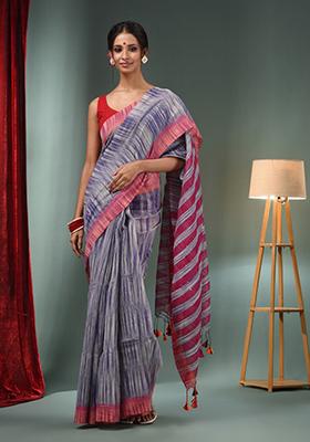 Grey And Blue Woven Cotton Blend Saree Set