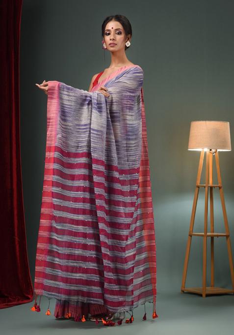 Grey And Blue Woven Cotton Blend Saree Set