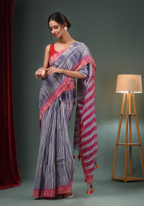 Grey And Blue Woven Cotton Blend Saree Set