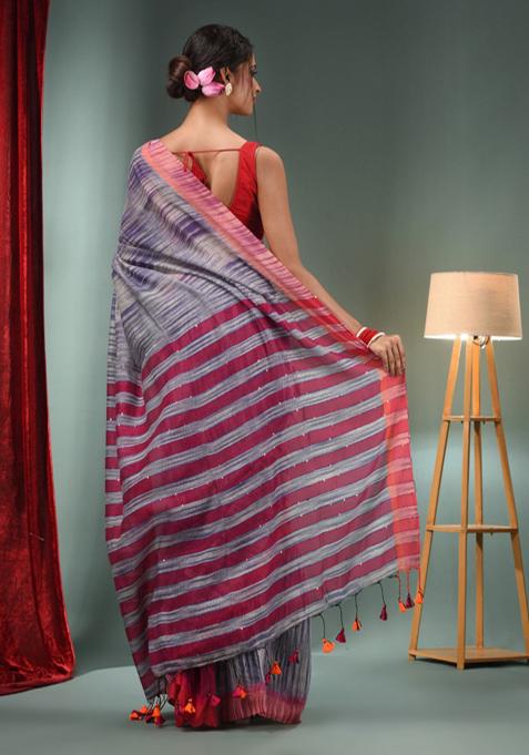 Grey And Blue Woven Cotton Blend Saree Set