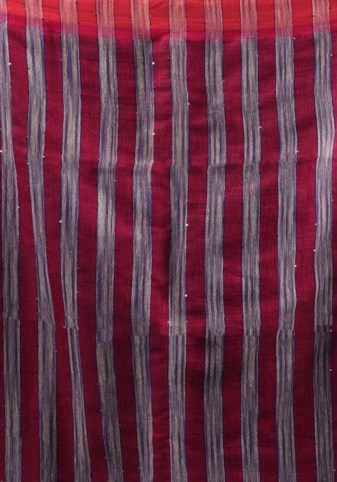 Grey And Blue Woven Cotton Blend Saree Set