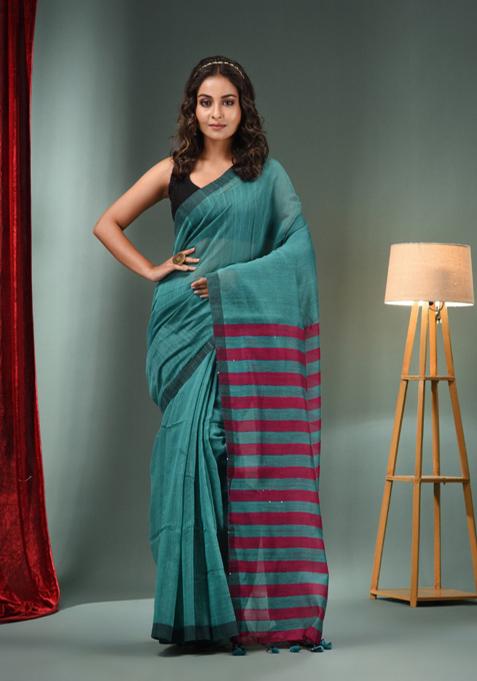 Teal Woven Cotton Blend Saree Set