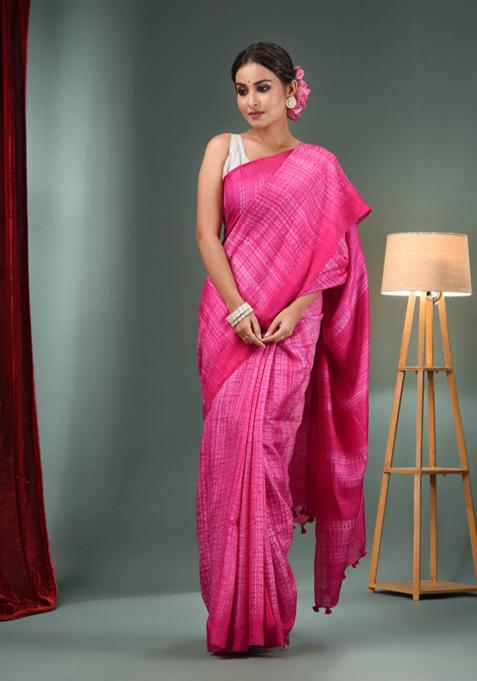 Rani Pink Shibori Print Pure Silk Saree Set