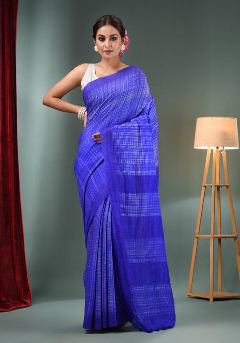 Royal Blue Shibori Print Pure Silk Saree Set