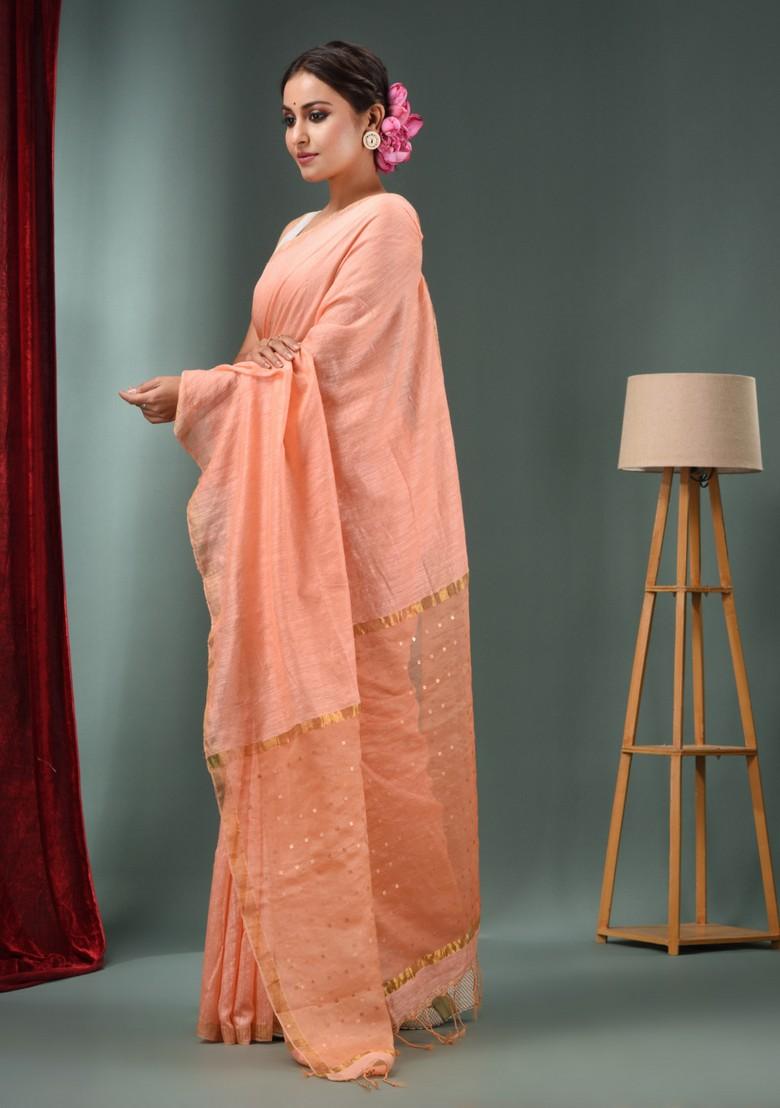 Peach Zari Border Pure Silk Saree Set