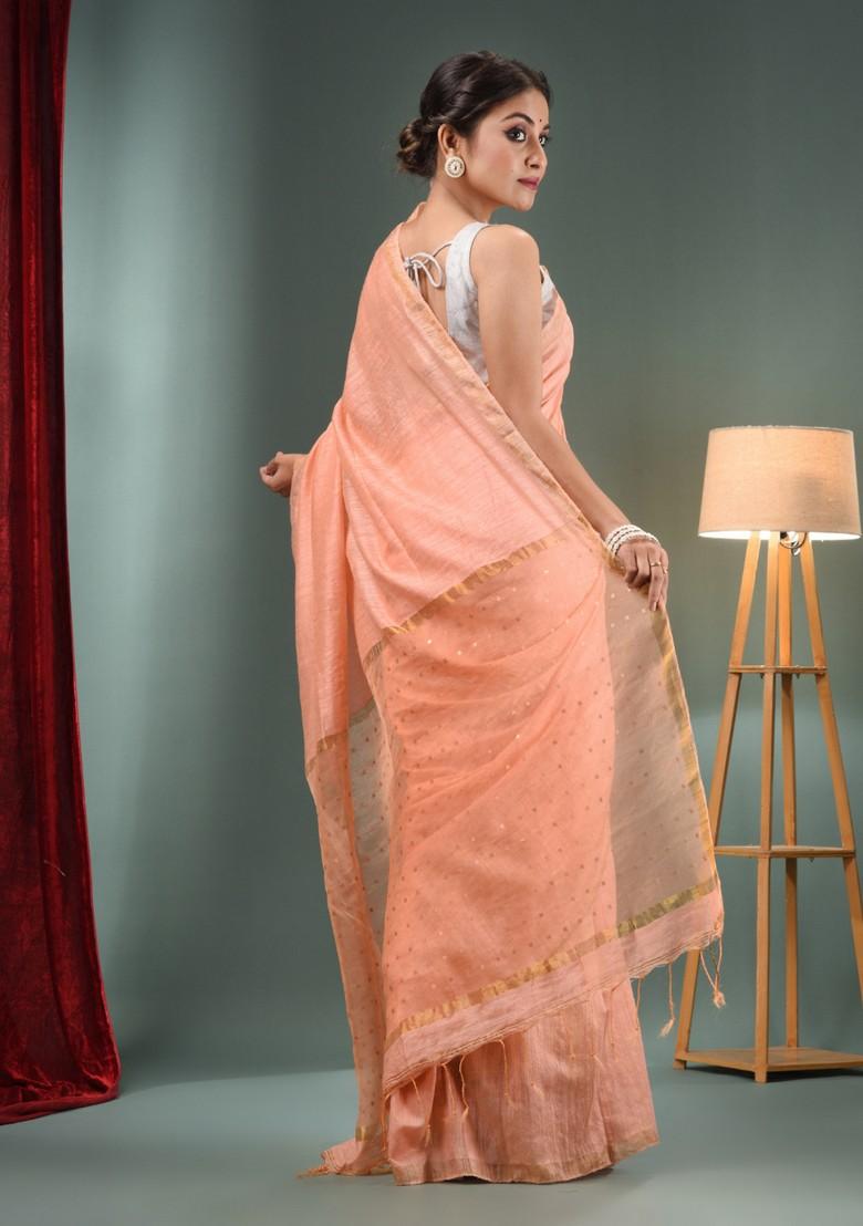 Peach Zari Border Pure Silk Saree Set