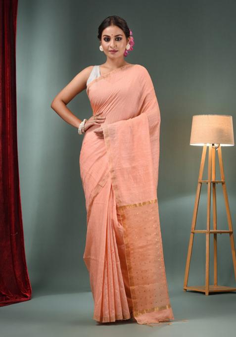 Peach Zari Border Pure Silk Saree Set