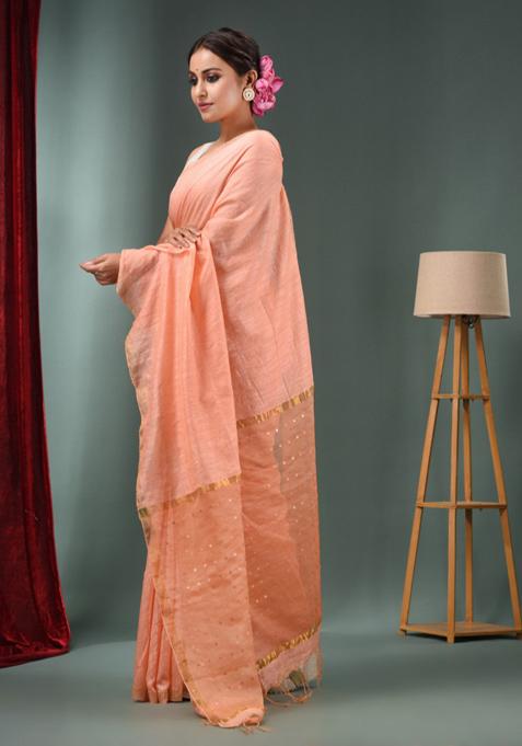 Peach Zari Border Pure Silk Saree Set