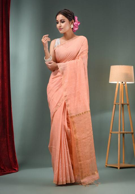 Peach Zari Border Pure Silk Saree Set