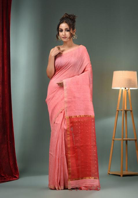 Punch Pink Zari Border Pure Silk Saree Set