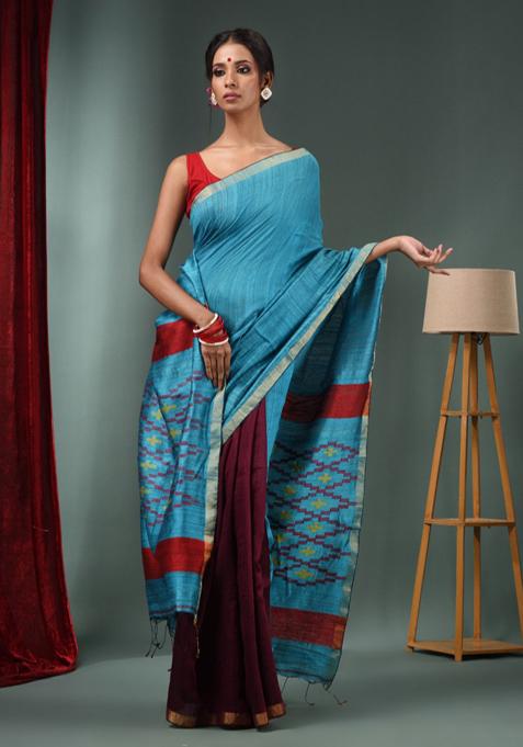 Ocean Blue Textured Pure Silk Saree Set