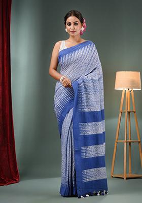 White And Blue Shibori Print Pure Cotton Saree Set