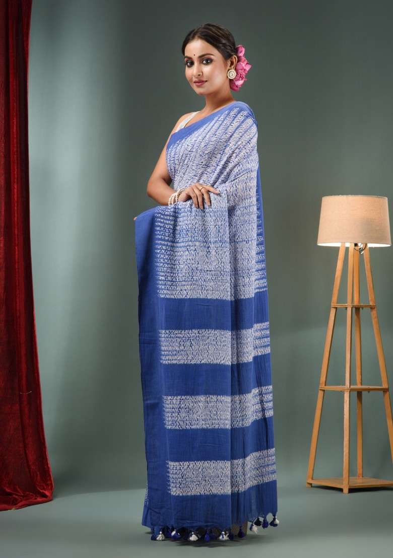 White And Blue Shibori Print Pure Cotton Saree Set - Indya