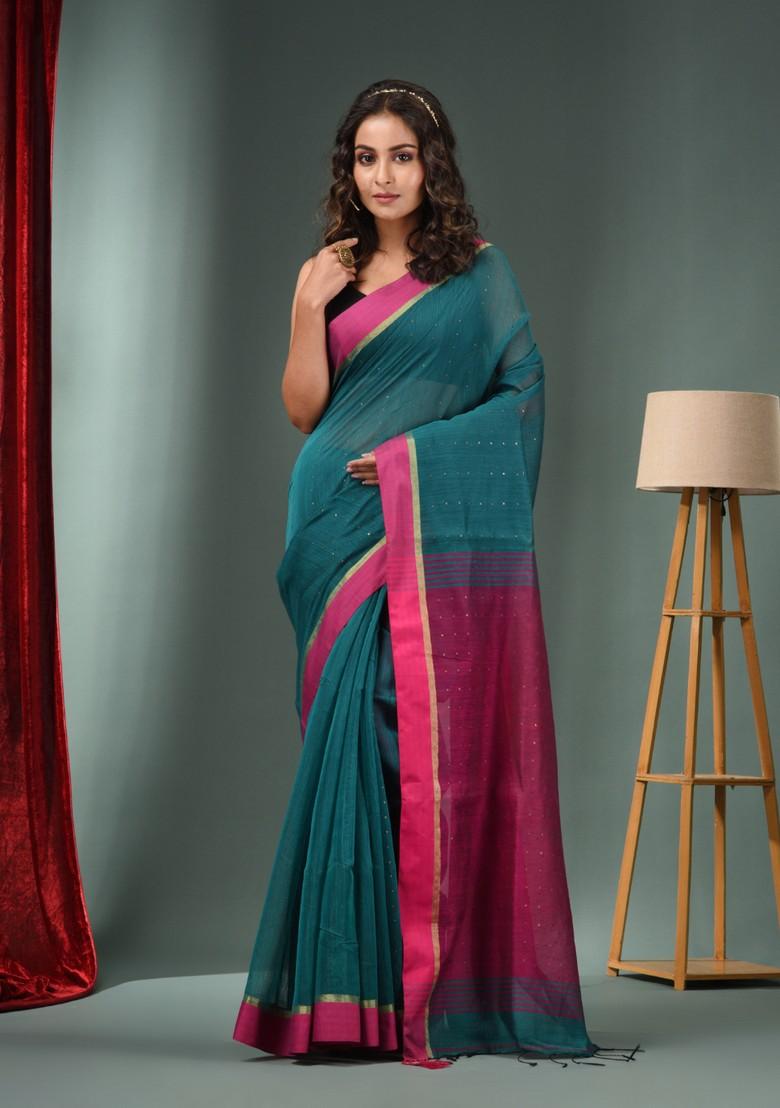 Teal Green Textured Cotton Blend Saree Set