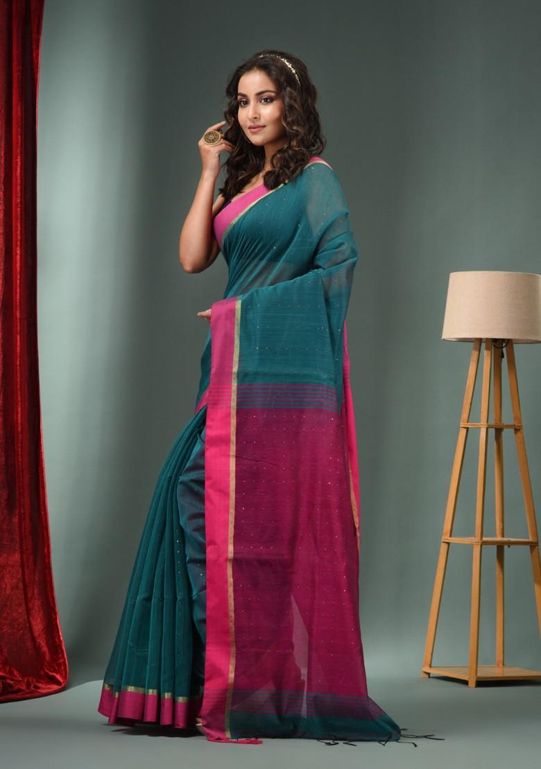 Teal Green Textured Cotton Blend Saree Set