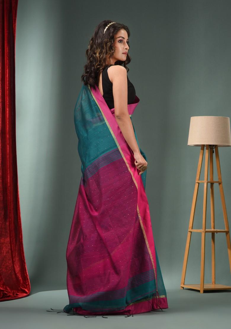 Teal Green Textured Cotton Blend Saree Set