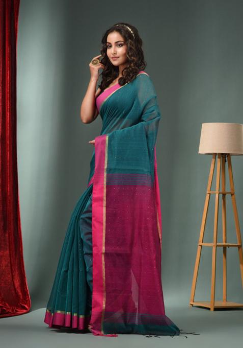 Teal Green Textured Cotton Blend Saree Set