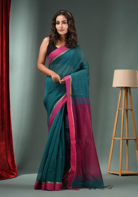 Teal Green Textured Cotton Blend Saree Set