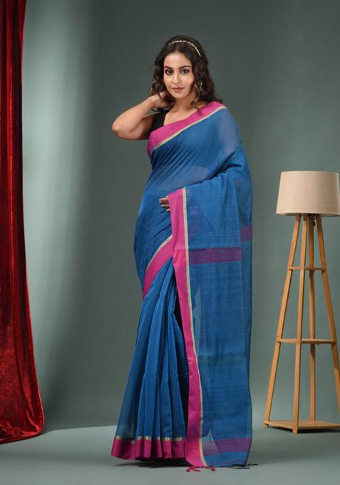 Sapphire Blue Textured Cotton Blend Saree Set