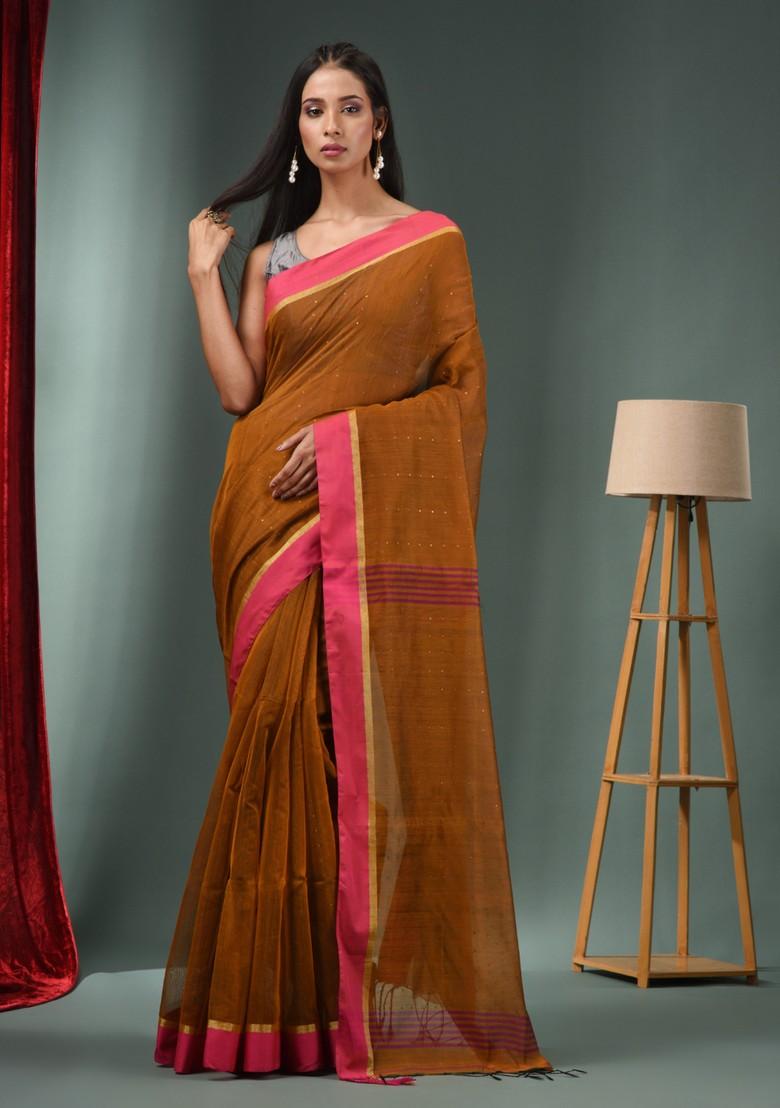 Ochre Yellow Textured Cotton Blend Saree Set