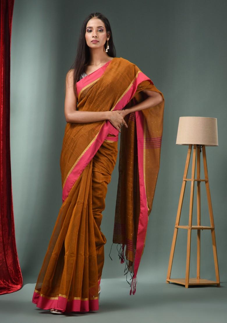 Ochre Yellow Textured Cotton Blend Saree Set